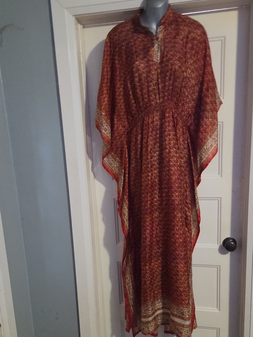 100% Pure Silk Women's Rust Boho Maxi Dress with Patterned Trim
